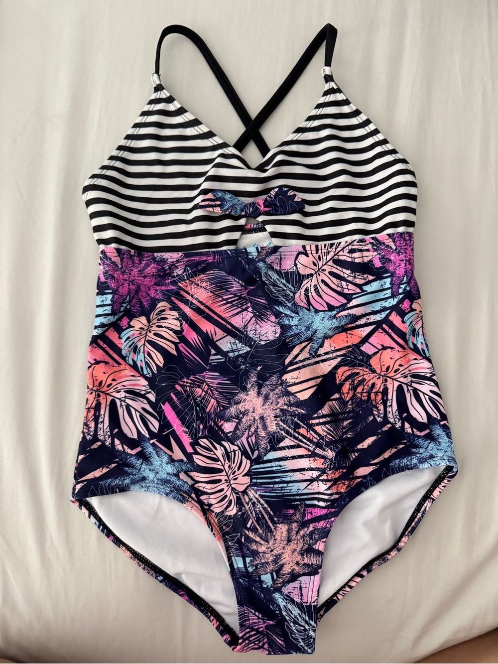 Girls Black & Pink Tropical One-Piece Swimsuit with Striped Top